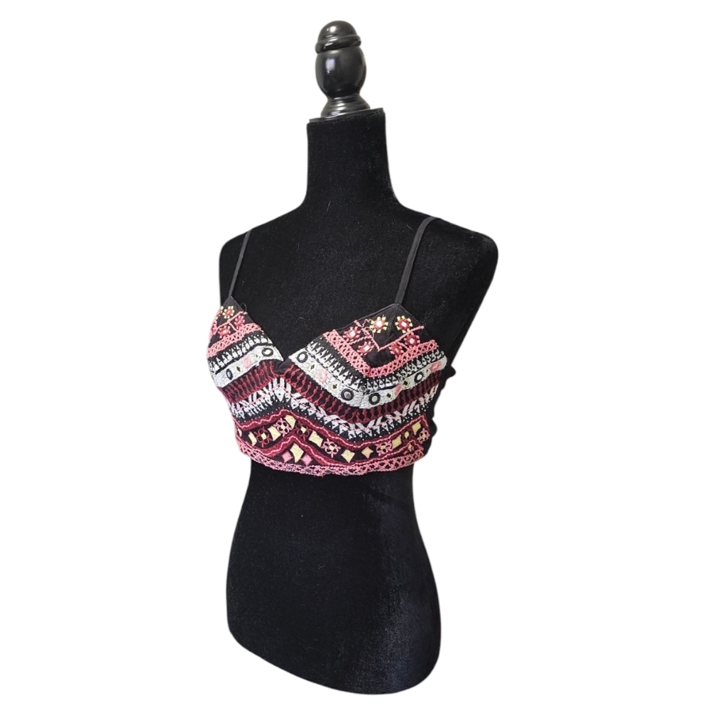 GUESS Pink Black Embroidered Cropped Top M - Picture 8 of 10